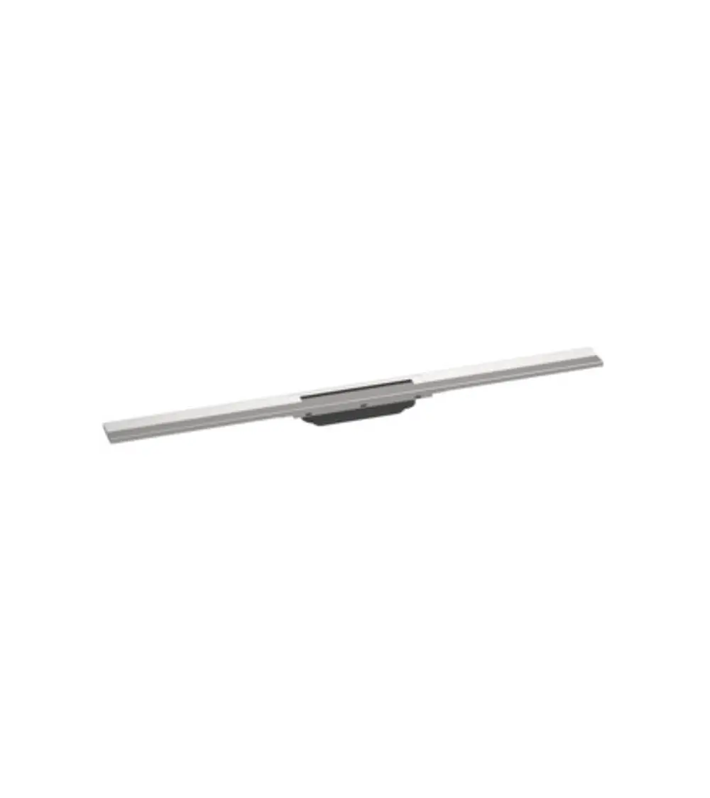 Edelstahl Duschrinne von Hansgrohe in gebürsteter Optik. Langes, flaches Design ohne sichtbare Anschlüsse. Geeignet für die Integration in Duschbereichen.